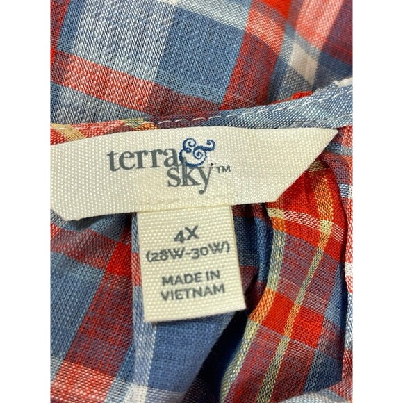 Terra & Sky Plus 4X Short Sleeve Plaid Ruffle Blouse Red Blue Cotton Top NWT - Picture 6 of 15